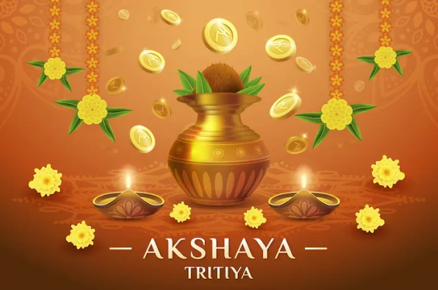 Golden pot with gold coins and Akshaya Tritiya 2024 writing in text in image