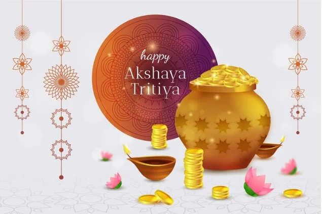 Happy akshaya tritiya writing in image with pot filled with gold coins