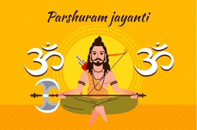 Lord Parshuram shooting sitting in with bow and arrow and text writing Parshuram jayanti in image